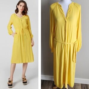 Yaya Yellow‎ Dress Womens 36 Midi Shirt Belted Happy Dopamine Bright Sunshine
